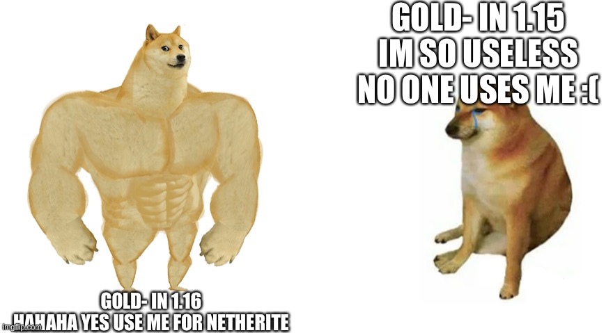 Yeah its been made before, deal with it idc | GOLD- IN 1.15
IM SO USELESS NO ONE USES ME :(; GOLD- IN 1.16
HAHAHA YES USE ME FOR NETHERITE | image tagged in buff doge vs crying cheems | made w/ Imgflip meme maker