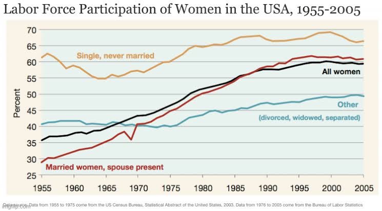 The rise in female workforce participation was responsible for a lot of post-war economic growth. | image tagged in u s labor force participation women,economy,economics,chart,womens rights,labor | made w/ Imgflip meme maker