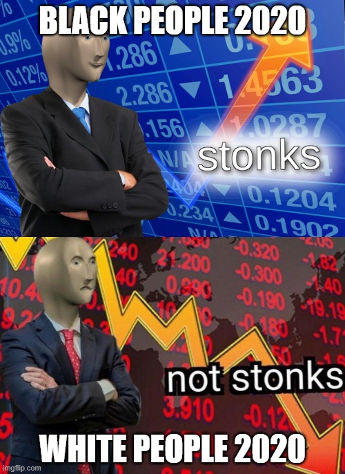 Stonks not stonks | BLACK PEOPLE 2020; WHITE PEOPLE 2020 | image tagged in stonks not stonks | made w/ Imgflip meme maker
