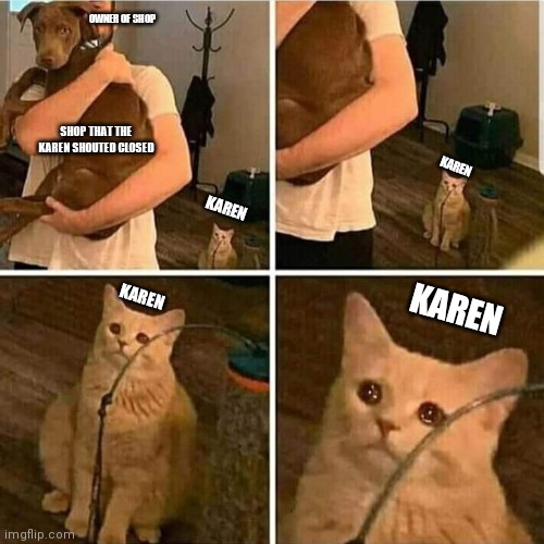 karen when the shop that the karen shouted closed | OWNER OF SHOP; SHOP THAT THE KAREN SHOUTED CLOSED; KAREN; KAREN; KAREN; KAREN | image tagged in sad cat holding dog,karen memes | made w/ Imgflip meme maker
