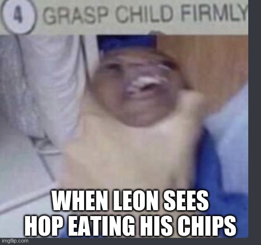 Grasp child firmly | WHEN LEON SEES HOP EATING HIS CHIPS | image tagged in grasp child firmly | made w/ Imgflip meme maker