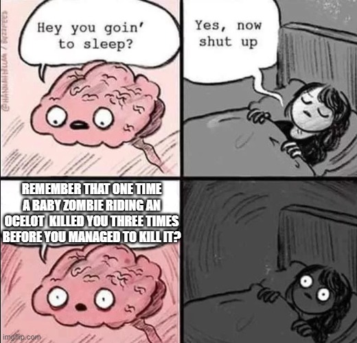 waking up brain | REMEMBER THAT ONE TIME A BABY ZOMBIE RIDING AN OCELOT  KILLED YOU THREE TIMES BEFORE YOU MANAGED TO KILL IT? | image tagged in waking up brain | made w/ Imgflip meme maker