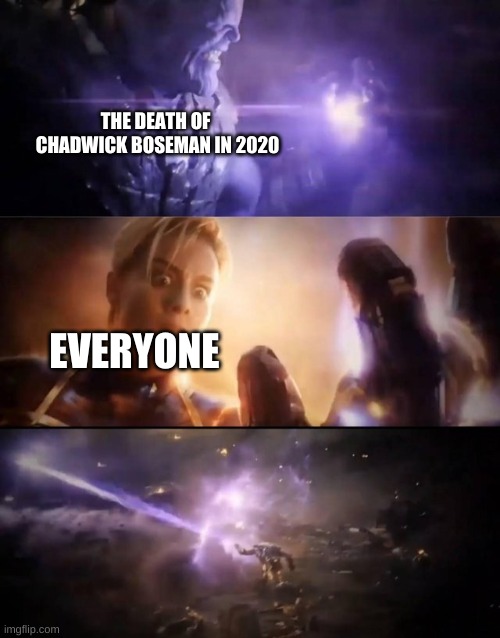 Thanos vs. Captain Marvel | THE DEATH OF 
CHADWICK BOSEMAN IN 2020; EVERYONE | image tagged in thanos vs captain marvel | made w/ Imgflip meme maker