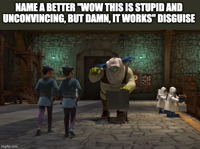 NAME A BETTER "WOW THIS IS STUPID AND UNCONVINCING, BUT DAMN, IT WORKS" DISGUISE | image tagged in shrek,disguise,name | made w/ Imgflip meme maker
