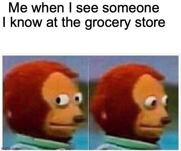 Monkey Puppet | Me when I see someone I know at the grocery store | image tagged in memes,monkey puppet | made w/ Imgflip meme maker