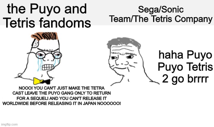 Can't wait for PPT2 to come out Dec 8 | the Puyo and Tetris fandoms; Sega/Sonic Team/The Tetris Company; haha Puyo Puyo Tetris 2 go brrrr; NOOO! YOU CAN'T JUST MAKE THE TETRA CAST LEAVE THE PUYO GANG ONLY TO RETURN FOR A SEQUEL! AND YOU CAN'T RELEASE IT WORLDWIDE BEFORE RELEASING IT IN JAPAN NOOOOOO! | image tagged in nooo haha go brrr,puyo puyo tetris 2,puyo puyo,memes,funny | made w/ Imgflip meme maker