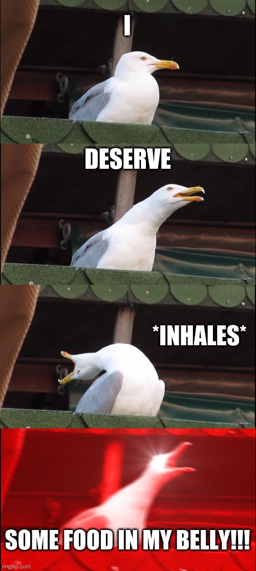 Inhaling Seagull | I; DESERVE; *INHALES*; SOME FOOD IN MY BELLY!!! | image tagged in memes,inhaling seagull | made w/ Imgflip meme maker