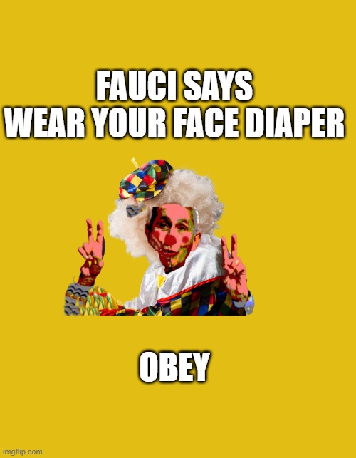 Fauci Says Wear Your Face Diaper Obey |  FAUCI SAYS
WEAR YOUR FACE DIAPER; OBEY | image tagged in fauci,face,mask,diaper,obey,covid19 | made w/ Imgflip meme maker