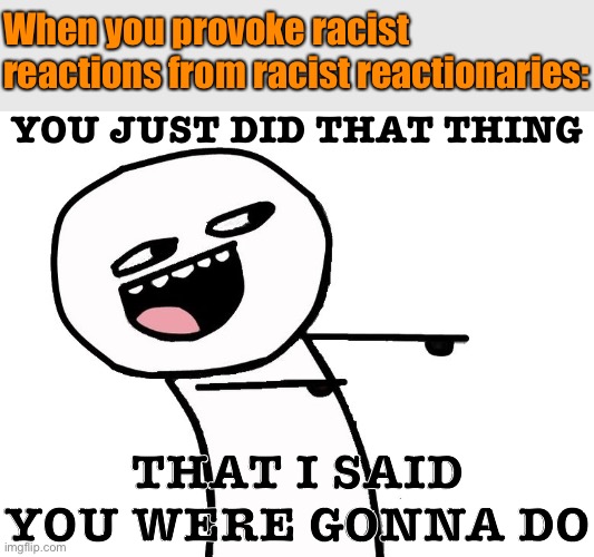 I have been accused by conservatives of baiting other conservatives into saying racist things. To which I can only say: eyyyyyyy | When you provoke racist reactions from racist reactionaries:; YOU JUST DID THAT THING; THAT I SAID YOU WERE GONNA DO | image tagged in eyyy,racists,racism,trolling the troll,bigots,bigotry | made w/ Imgflip meme maker
