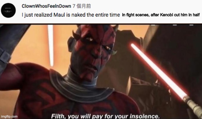 filth, you will pay for your insolence | in fight scenes, after Kenobi cut him in half | image tagged in filth you will pay for your insolence,darth maul | made w/ Imgflip meme maker