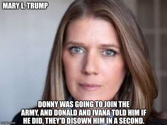 Donald truly hated the military | MARY L. TRUMP; DONNY WAS GOING TO JOIN THE ARMY, AND DONALD AND IVANA TOLD HIM IF HE DID, THEY'D DISOWN HIM IN A SECOND. | image tagged in mary l trump | made w/ Imgflip meme maker