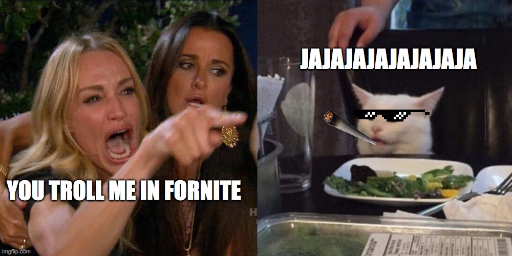 troll | JAJAJAJAJAJAJAJA; YOU TROLL ME IN FORNITE | image tagged in woman yelling at cat | made w/ Imgflip meme maker