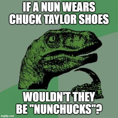 Philosoraptor Meme | IF A NUN WEARS CHUCK TAYLOR SHOES; WOULDN'T THEY BE "NUNCHUCKS"? | image tagged in memes,philosoraptor | made w/ Imgflip meme maker