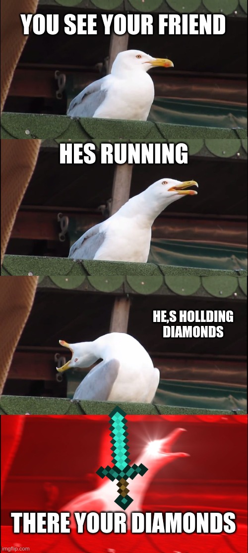 diamonds | YOU SEE YOUR FRIEND; HES RUNNING; HE,S HOLLDING DIAMONDS; THERE YOUR DIAMONDS | image tagged in memes,inhaling seagull | made w/ Imgflip meme maker