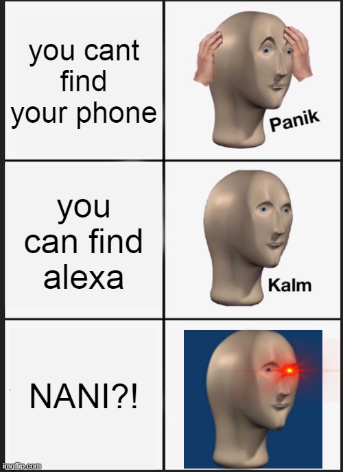 alexa be like | you cant find your phone; you can find alexa; NANI?! | image tagged in memes,panik kalm panik | made w/ Imgflip meme maker