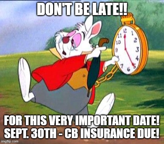 Insurance due |  DON'T BE LATE!! FOR THIS VERY IMPORTANT DATE!
SEPT. 30TH - CB INSURANCE DUE! | image tagged in white rabbit i'm late | made w/ Imgflip meme maker