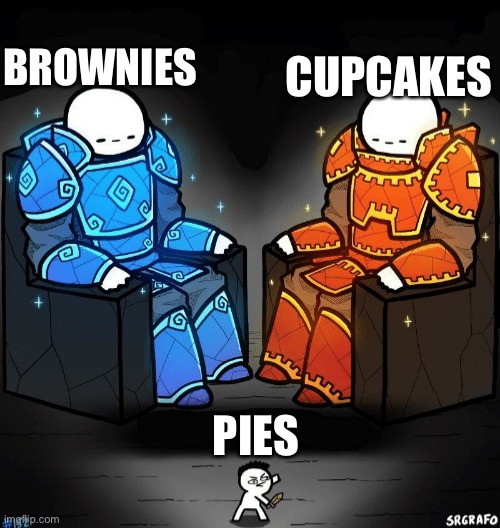 Brownies cupcakes, and way Down here pies | BROWNIES; CUPCAKES; PIES | image tagged in two giants looking at a small guy | made w/ Imgflip meme maker