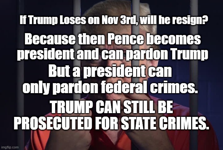 If Trump Loses on Nov 3rd, will he resign? Because then Pence becomes president and can pardon Trump; But a president can only pardon federal crimes. TRUMP CAN STILL BE PROSECUTED FOR STATE CRIMES. | image tagged in trump,criminal,pardon,prosecution | made w/ Imgflip meme maker