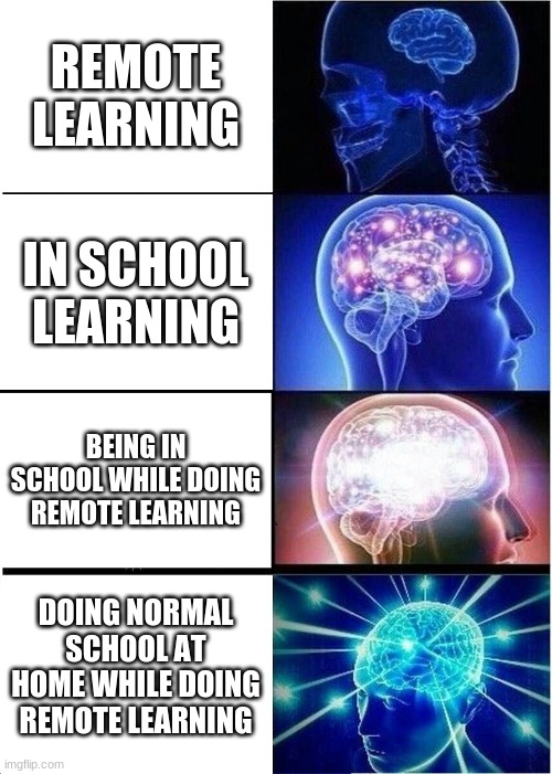 Expanding Brain Meme | REMOTE LEARNING; IN SCHOOL LEARNING; BEING IN SCHOOL WHILE DOING REMOTE LEARNING; DOING NORMAL SCHOOL AT HOME WHILE DOING REMOTE LEARNING | image tagged in memes,expanding brain | made w/ Imgflip meme maker