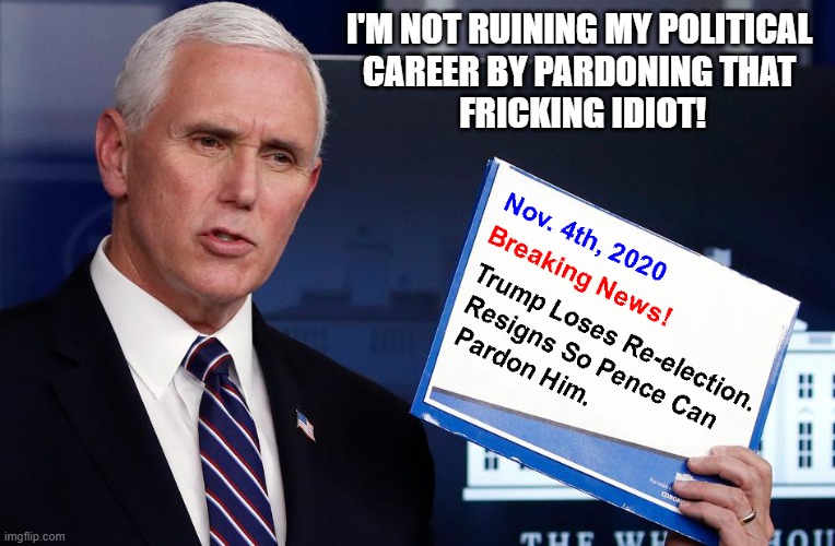 Trump will resign and have Pence pardon him if he loses to Biden, Michael Cohen predicts | I'M NOT RUINING MY POLITICAL
CAREER BY PARDONING THAT
 FRICKING IDIOT! | image tagged in donald trump you're fired,resignation,mike pence,pardon,election 2020 | made w/ Imgflip meme maker