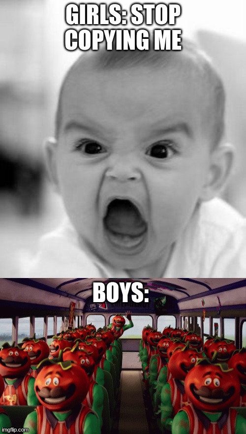 girls vs boys | GIRLS: STOP COPYING ME; BOYS: | image tagged in memes,angry baby | made w/ Imgflip meme maker