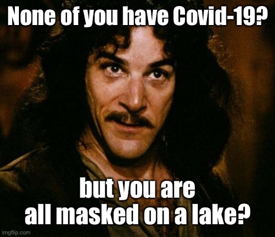 Inigo Montoya Meme | None of you have Covid-19? but you are all masked on a lake? | image tagged in memes,inigo montoya | made w/ Imgflip meme maker