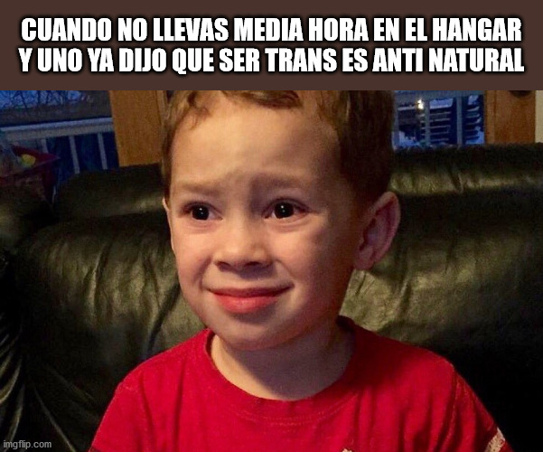 "yo lo respeto pero es anti-natural" | CUANDO NO LLEVAS MEDIA HORA EN EL HANGAR Y UNO YA DIJO QUE SER TRANS ES ANTI NATURAL | image tagged in gavin sad face | made w/ Imgflip meme maker