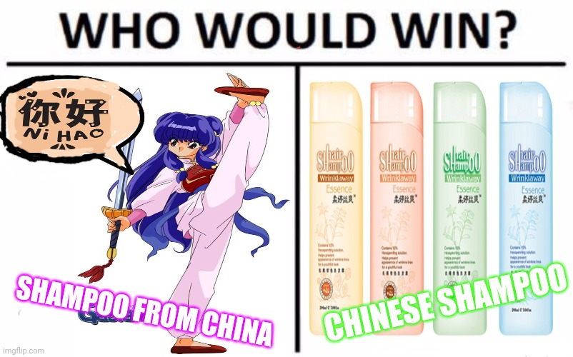 Shampoo vs shampoo? | CHINESE SHAMPOO; SHAMPOO FROM CHINA | image tagged in memes,who would win,shampoo,anime girl | made w/ Imgflip meme maker