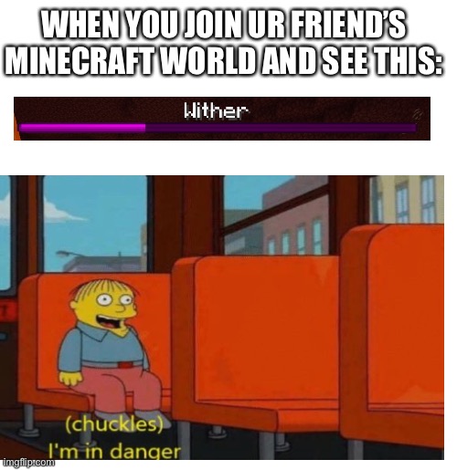 Rn on my friend’s realm we fighting Wither | WHEN YOU JOIN UR FRIEND’S MINECRAFT WORLD AND SEE THIS: | image tagged in minecraft,chuckles im in danger,wither,memes | made w/ Imgflip meme maker