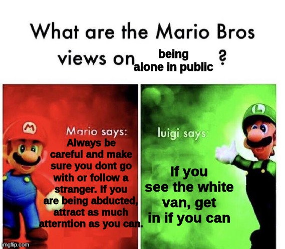 Mario Bros Views | being alone in public; Always be careful and make sure you dont go with or follow a stranger. If you are being abducted, attract as much atterntion as you can. If you see the white van, get in if you can | image tagged in mario bros views | made w/ Imgflip meme maker