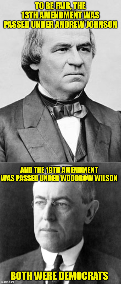 TO BE FAIR, THE 13TH AMENDMENT WAS PASSED UNDER ANDREW JOHNSON AND THE 19TH AMENDMENT WAS PASSED UNDER WOODROW WILSON BOTH WERE DEMOCRATS | image tagged in andrew johnson,woodrow wilson | made w/ Imgflip meme maker