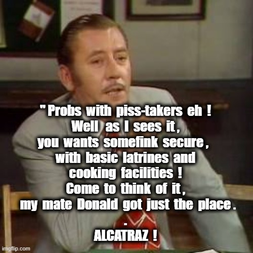 Alcatraz | " Probs  with  piss-takers  eh  !
Well   as  I  sees  it ,
you  wants  somefink  secure ,  
with  basic  latrines  and
cooking  facilities  !
Come  to  think  of  it ,
  my  mate  Donald  got  just  the  place .
.
ALCATRAZ  ! | image tagged in answer | made w/ Imgflip meme maker