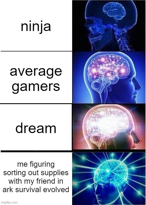 Expanding Brain | ninja; average gamers; dream; me figuring sorting out supplies with my friend in ark survival evolved | image tagged in memes,expanding brain | made w/ Imgflip meme maker