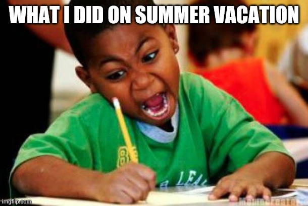 Kids right now | WHAT I DID ON SUMMER VACATION | image tagged in writing | made w/ Imgflip meme maker