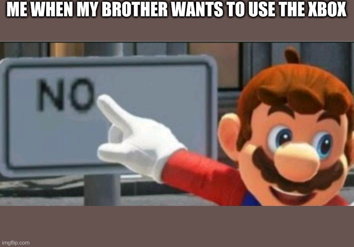 Mario points at a "NO" sign | ME WHEN MY BROTHER WANTS TO USE THE XBOX | image tagged in mario points at a no sign | made w/ Imgflip meme maker