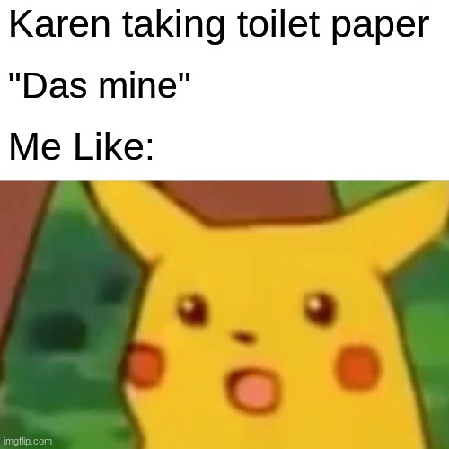 Surprised Pikachu Meme | Karen taking toilet paper; "Das mine"; Me Like: | image tagged in memes,surprised pikachu | made w/ Imgflip meme maker