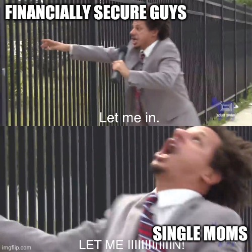 let me in | FINANCIALLY SECURE GUYS; SINGLE MOMS | image tagged in let me in | made w/ Imgflip meme maker