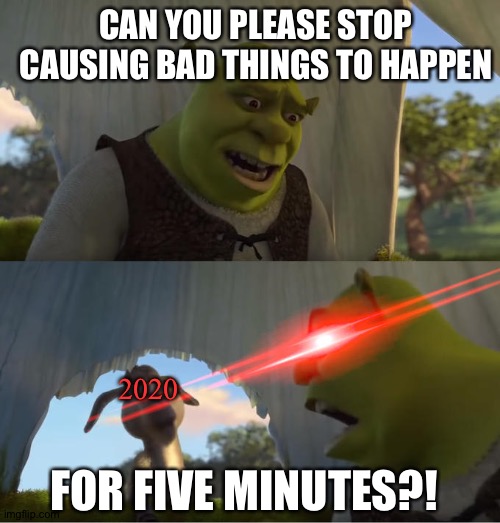 When will this insanity end?!? | CAN YOU PLEASE STOP CAUSING BAD THINGS TO HAPPEN; 2020; FOR FIVE MINUTES?! | image tagged in 2020 | made w/ Imgflip meme maker