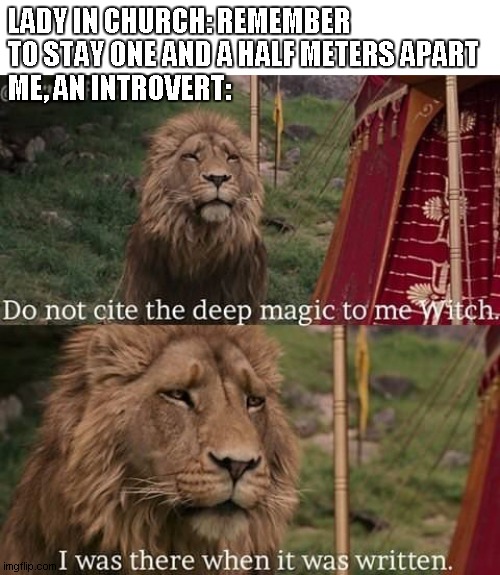 only introverts relate | LADY IN CHURCH: REMEMBER TO STAY ONE AND A HALF METERS APART
ME, AN INTROVERT: | image tagged in narnia magic | made w/ Imgflip meme maker