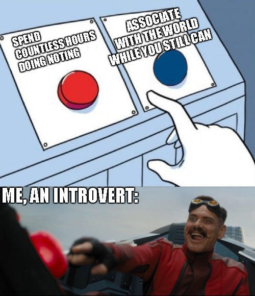 only introverts can relate | ASSOCIATE WITH THE WORLD WHILE YOU STILL CAN; SPEND COUNTLESS HOURS DOING NOTING; ME, AN INTROVERT: | image tagged in robotnik button | made w/ Imgflip meme maker