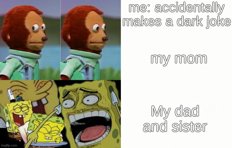 me: accidentally makes a dark joke; my mom; My dad and sister | image tagged in monkey puppet | made w/ Imgflip meme maker