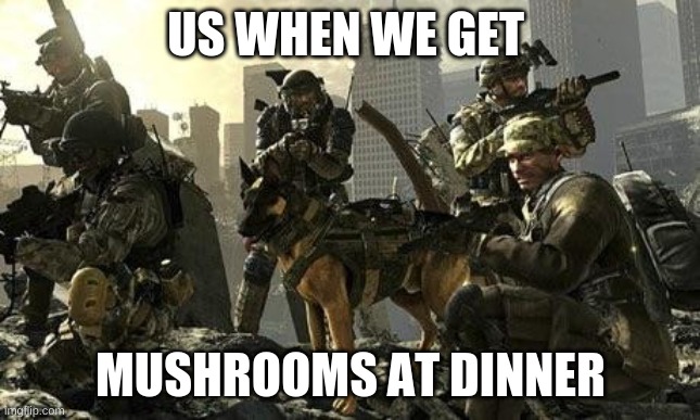 faxs | US WHEN WE GET; MUSHROOMS AT DINNER | image tagged in call of duty 6 | made w/ Imgflip meme maker