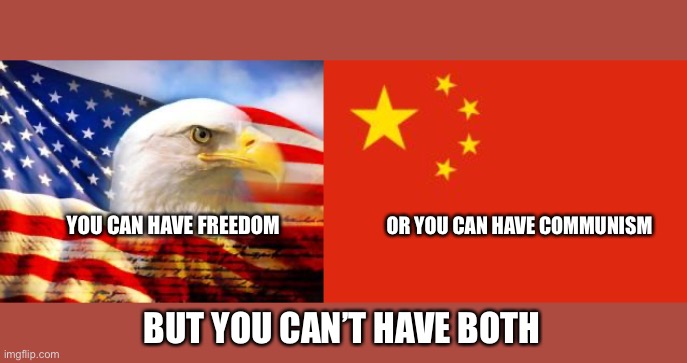 YOU CAN HAVE FREEDOM OR YOU CAN HAVE COMMUNISM BUT YOU CAN’T HAVE BOTH | image tagged in american flag,chinese flag | made w/ Imgflip meme maker