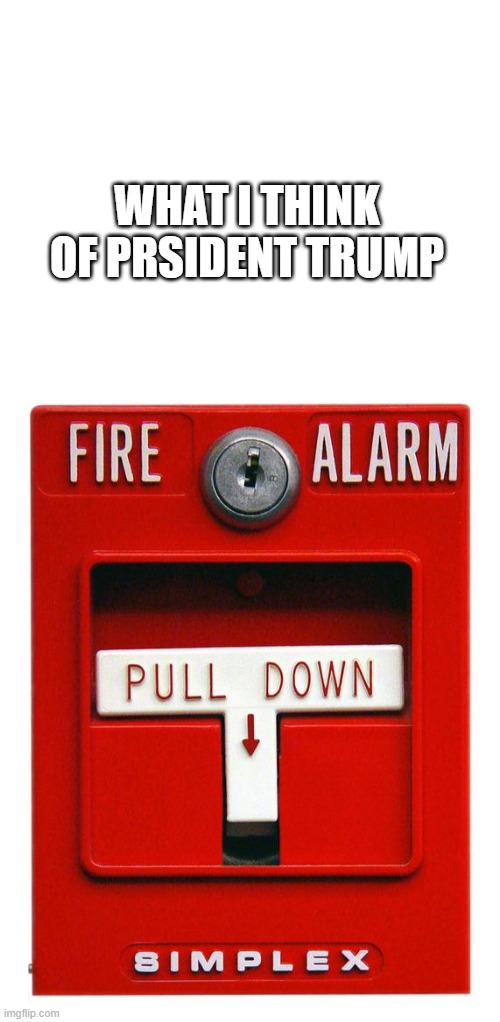 WHAT I THINK OF PRSIDENT TRUMP | image tagged in fire alarm,blank white template | made w/ Imgflip meme maker