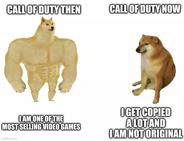 Activision sucks | CALL OF DUTY NOW; CALL OF DUTY THEN; I AM ONE OF THE MOST SELLING VIDEO GAMES; I GET COPIED A LOT AND I AM NOT ORIGINAL | image tagged in buff doge vs cheems | made w/ Imgflip meme maker