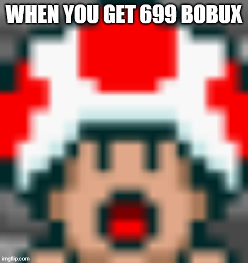 When you get bobux | WHEN YOU GET 699 BOBUX | image tagged in toad,bobux | made w/ Imgflip meme maker
