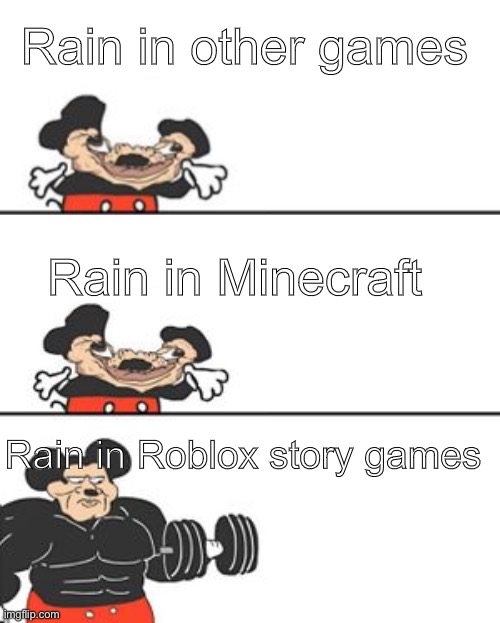 True | Rain in other games; Rain in Minecraft; Rain in Roblox story games | image tagged in buff mokey,minecraft,roblox,video games | made w/ Imgflip meme maker