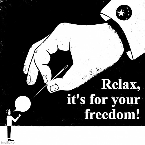 Relax... | Relax,
it's for your
freedom! | image tagged in oppression,safety,liberty,freedom,censorship,relax | made w/ Imgflip meme maker