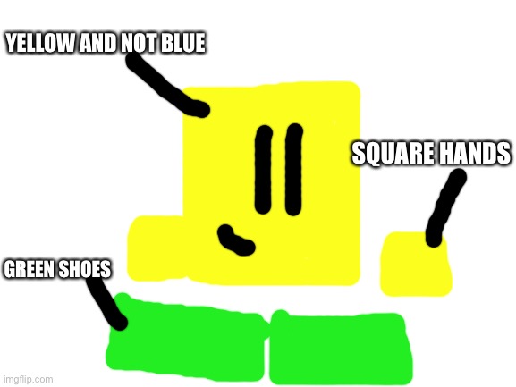 The difference of Blocky’s brother, Squarey | YELLOW AND NOT BLUE; SQUARE HANDS; GREEN SHOES | image tagged in blank white template,squarey | made w/ Imgflip meme maker