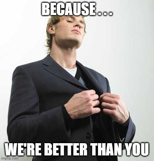 Arrogant idiot | BECAUSE . . . WE'RE BETTER THAN YOU | image tagged in arrogant idiot | made w/ Imgflip meme maker